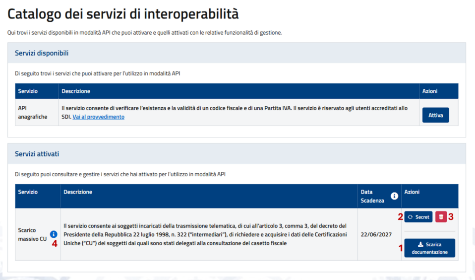 Catalogo dei servizi di interoperabilità nell'area riservata dell'Agenzia delle Entrate